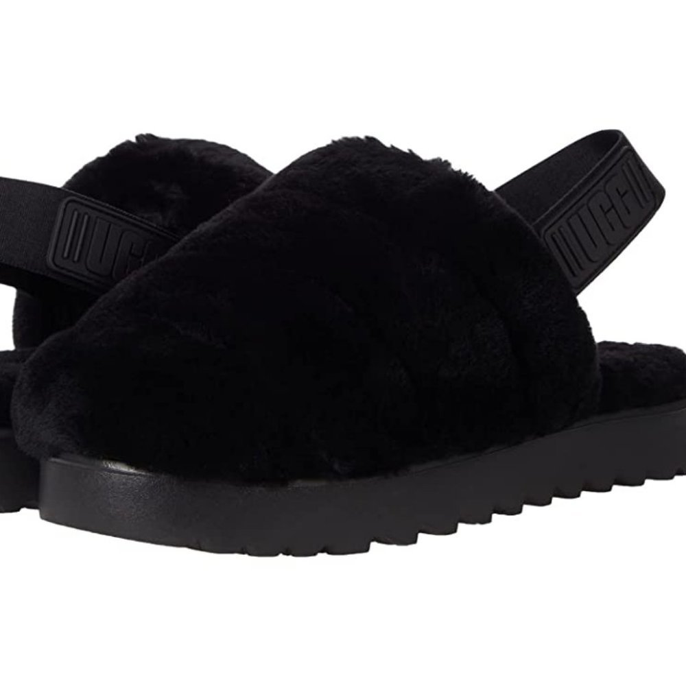 NIB UGG WOMEN'S FLUFF SHEARLING SLIPPER SANDALS BLACK‎